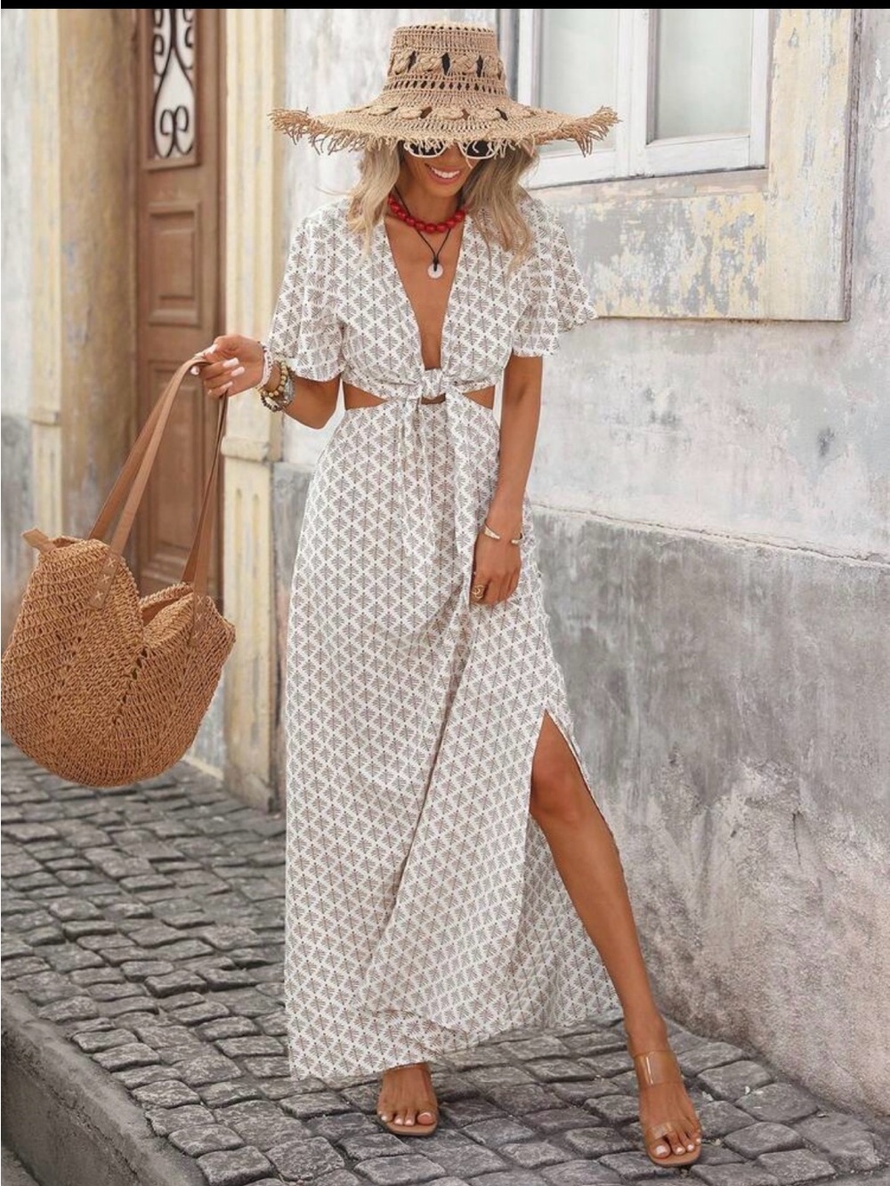 NEW Cream Printed Tie-Front Maxi Dress
